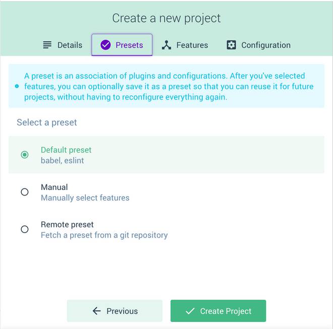 selezione preset in vue cli in modalità gui