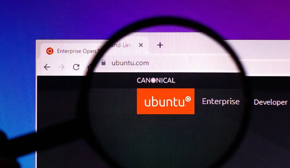 Una lente di ingrandimento si concentra sul logo Ubuntu, evidenziandolo sul sito ufficiale di Ubuntu in un browser web.