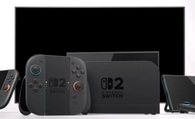 La console Nintendo Switch 2, la dock e i controller esposti davanti allo schermo di una TV, per mettere in mostra le ultime innovazioni di Nintendo.