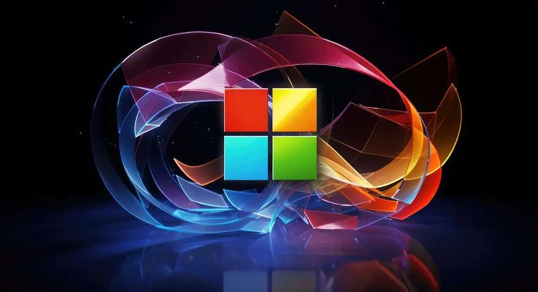 Logo Microsoft con forme astratte colorate e vorticose su sfondo scuro, che evocano l'energia vibrante di Windows.