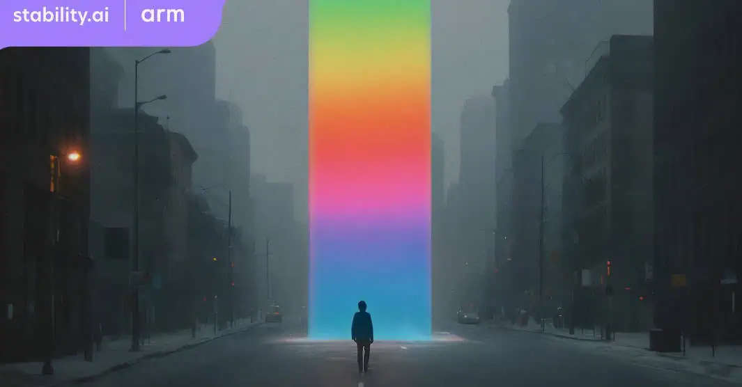 Una persona è in piedi davanti a un alto e luminoso raggio di luce arcobaleno nel mezzo di una strada cittadina nebbiosa, mentre nell'aria si sentono dei suoni ambientali tenui che ricordano Stable Audio Open Small.