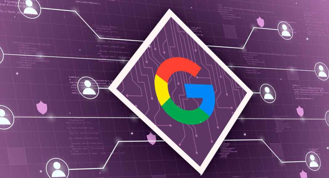 Il logo di Google a forma di diamante, collegato alle icone degli utenti, è posizionato su uno sfondo viola a tema tecnologico con elementi digitali di Google.