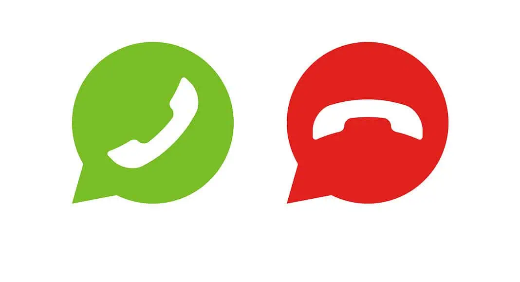 Icona del telefono verde per chiamare e icona del telefono rossa per terminare una chiamata, entrambe su sfondo bianco, ispirate al design familiare di WhatsApp.