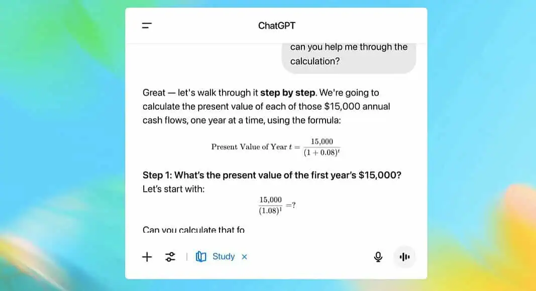 Sullo schermo viene visualizzata una conversazione in ChatGPT sul calcolo del valore attuale dei flussi di cassa annuali.
