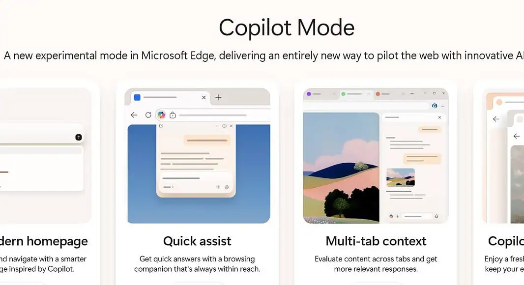 Una schermata delle funzioni della modalità Copilot di Microsoft Edge, ora migliorata con GPT-5, che mostra la homepage, l'assistenza rapida e le opzioni contestuali multi-tab.