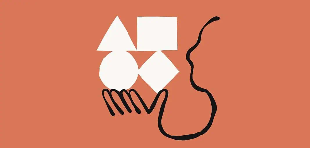 Mano astratta di ispirazione antropica che regge forme geometriche con il contorno di un volto su sfondo arancione.