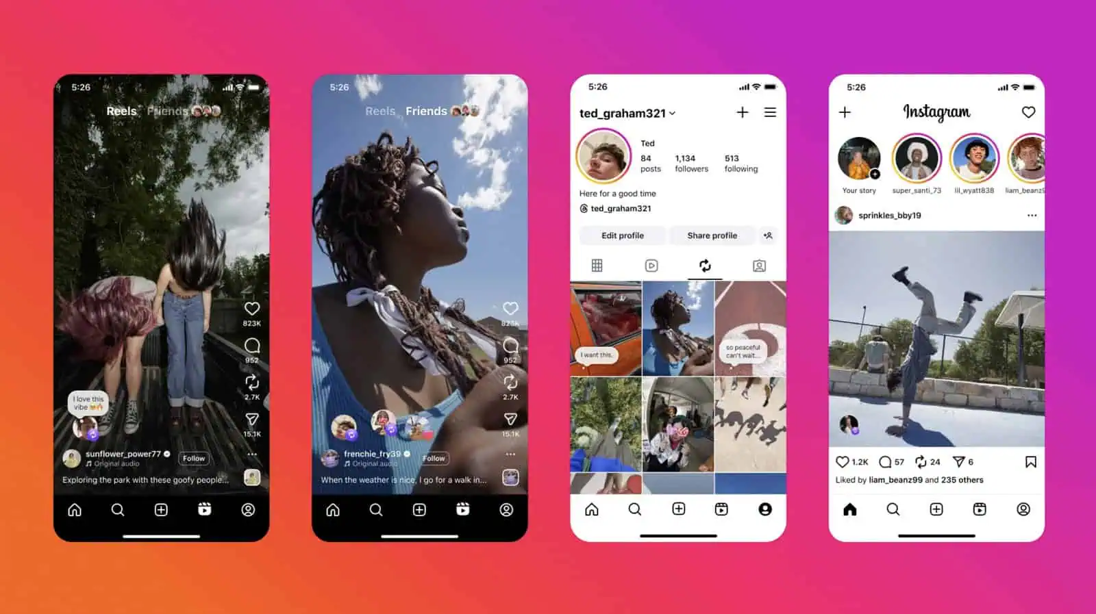 Quattro schermate dell'app Instagram mostrano i rulli, il profilo dell'utente e il feed principale su uno sfondo sfumato, evidenziando nuove funzioni e possibilità di condivisione.
