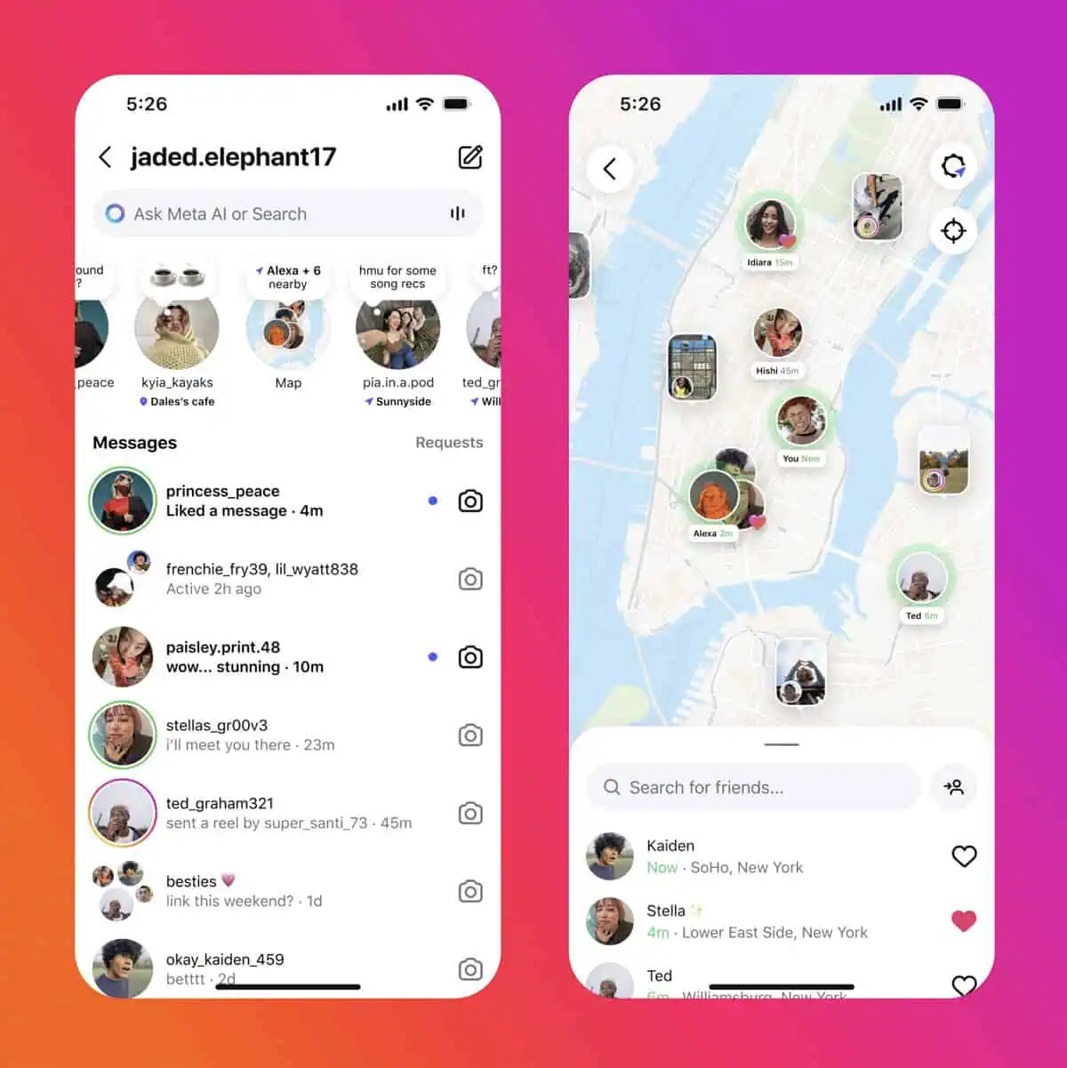Due schermi del telefono visualizzano un'app social: a sinistra l'elenco dei messaggi, a destra la posizione degli amici su una mappa di New York, perfetta per condividere tra amici e scoprire le nuove funzioni di Instagram.
