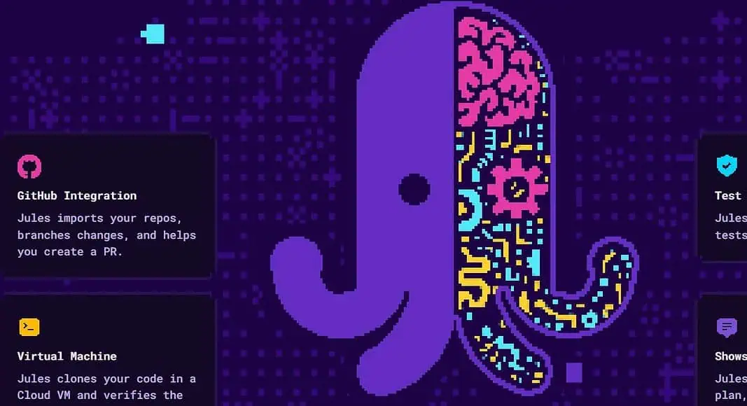 Polpo in pixel art con cervello e ingranaggi, circondato da caselle per Github, suite di test, VM, Jules e per mostrare il lavoro.