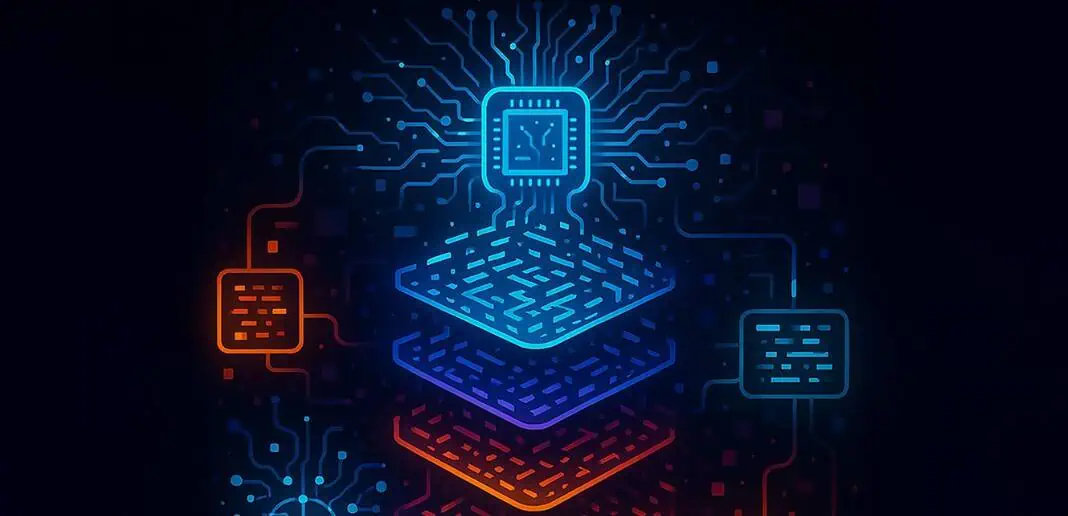 Illustrazione digitale colorata di un microchip con circuiti stratificati e connessioni luminose su uno sfondo scuro, ispirata alla tecnologia all'avanguardia di Microsoft.