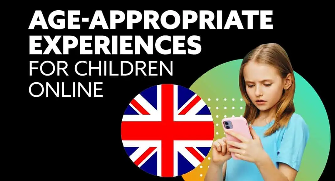 Ragazza che utilizza uno smartphone, bandiera del Regno Unito e testo: 