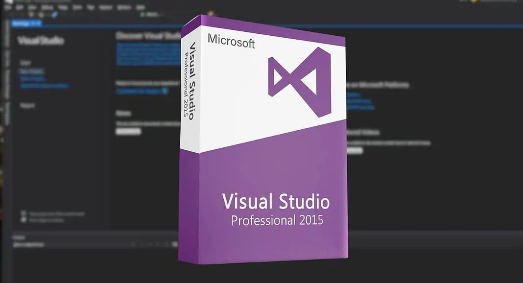 Un riquadro del software Visual Studio 2015 Professional visualizzato davanti a una schermata sfocata di Visual Studio.