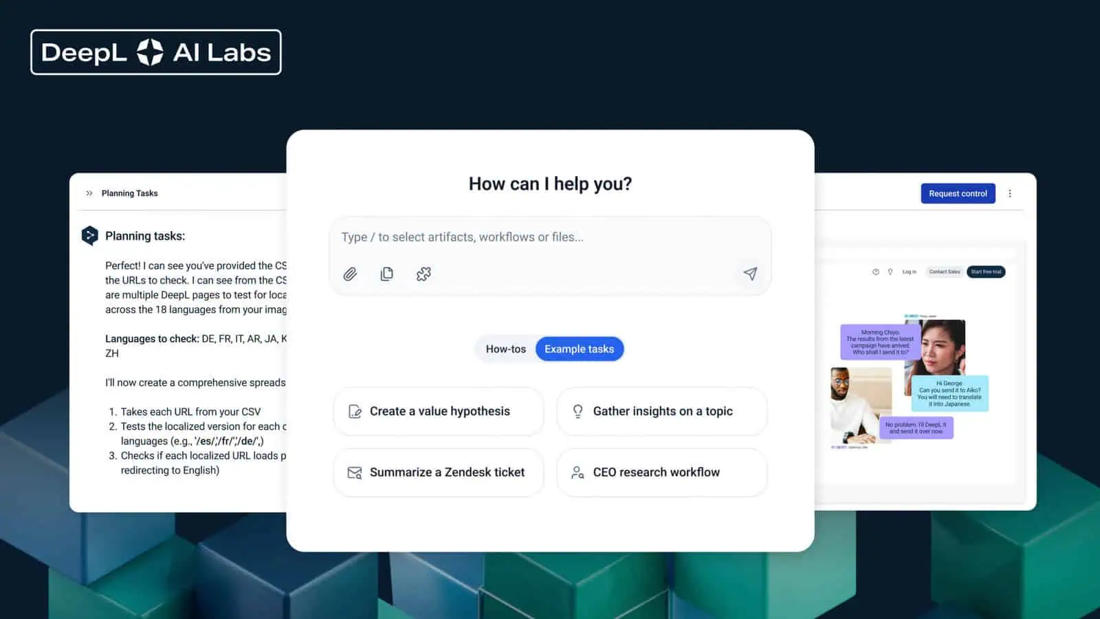 Un'interfaccia di DeepL AI Labs mostra un agente IA con un task planner e un chatbot, che semplifica i flussi di lavoro aziendali attraverso esempi di attivitร e interazioni con gli utenti.