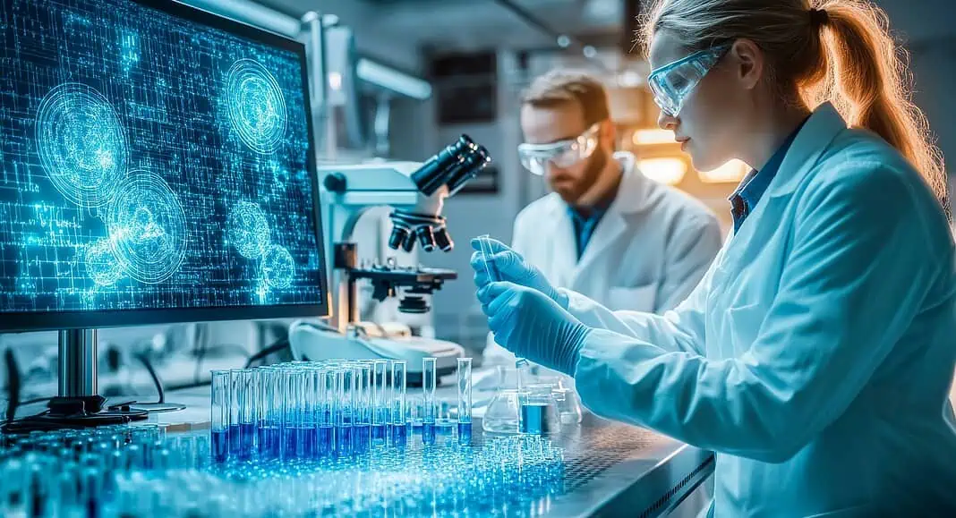 Scienziati in camice e occhiali da laboratorio lavorano con provette mentre l'intelligenza artificiale analizza le immagini digitali delle cellule su un computer.