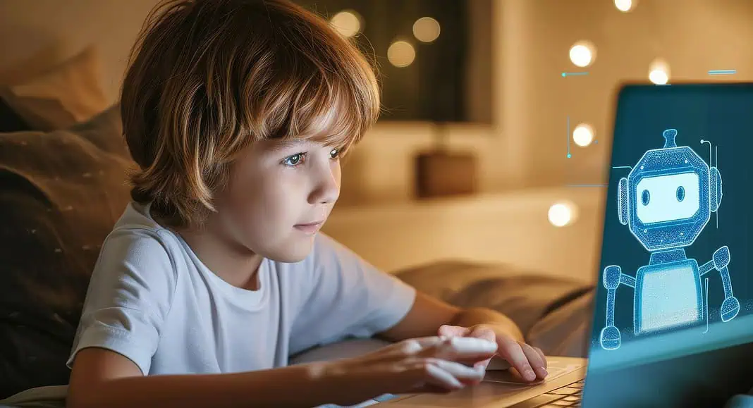 Un bambino utilizza un computer portatile a letto, interagendo con un simpatico ologramma del robot ChatGPT visualizzato sullo schermo.