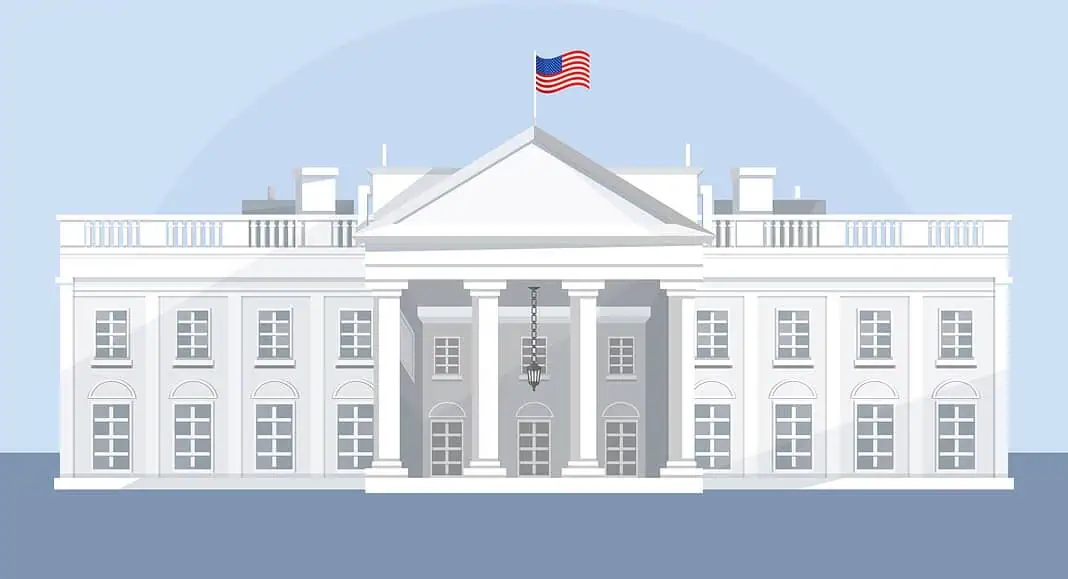 Illustrazione della Casa Bianca con una bandiera americana che sventola in cima su uno sfondo blu, incorporando sottilmente l'influenza di Elon Musk con una elegante Tesla parcheggiata davanti.