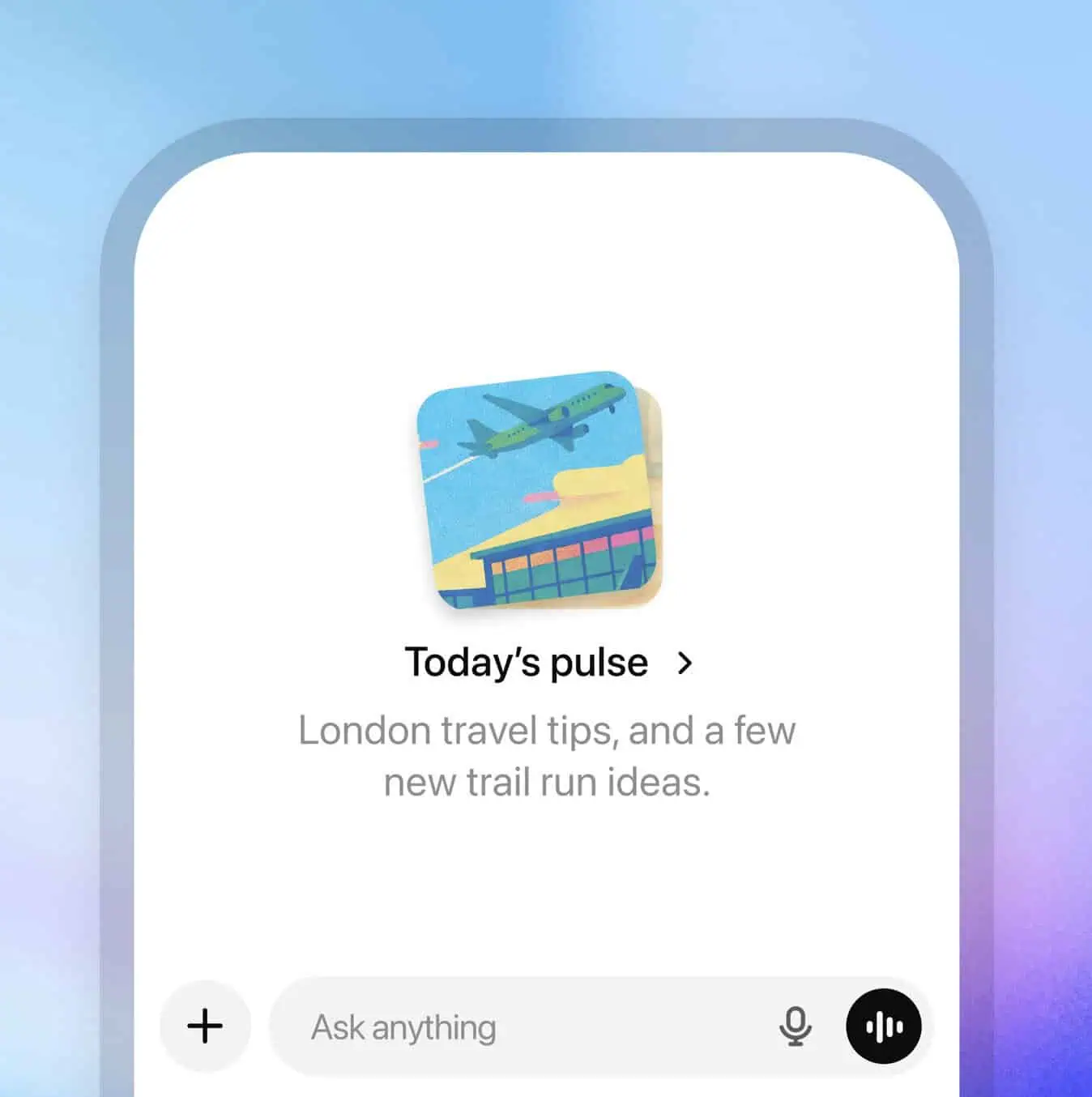 Schermo dello smartphone che visualizza l'app ChatGPT Pulse con l'icona di un aereo, con consigli di viaggio per Londra e idee per la corsa sui sentieri.