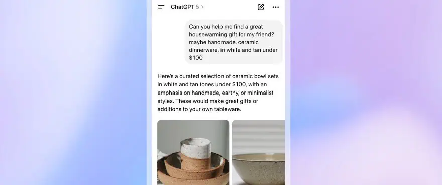 Una discussione di ChatGPT sui set di ciotole in ceramica sotto i 100 dollari, con una foto di ciotole impilate a mano in tonalità neutre.