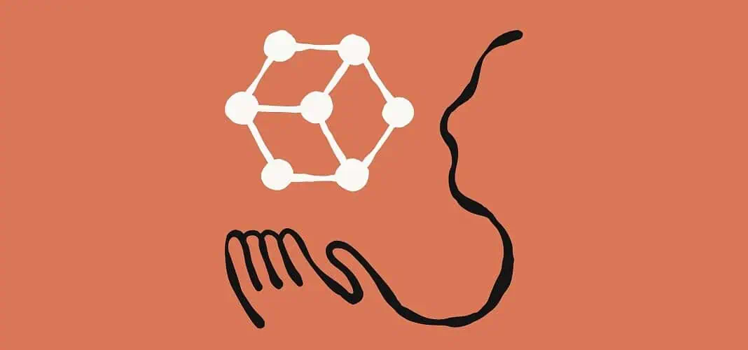 Illustrazione astratta di una mano e della sagoma di un volto che si protende verso una struttura molecolare geometrica su sfondo arancione, ispirata al sonetto 4.5 di Claude.