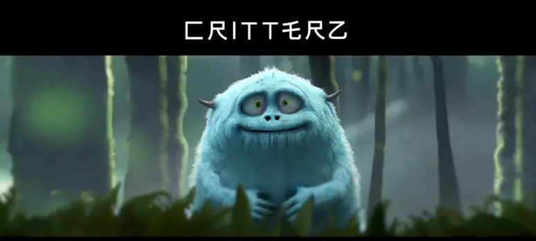 Un soffice mostro blu Critterz con un timido sorriso si trova in una foresta nebbiosa con il titolo 