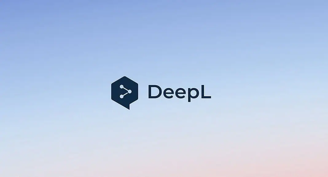 DeepL logo con icona esagonale e testo, su uno sfondo sfumato dal blu al rosa, perfetto per valorizzare i flussi di lavoro aziendali con un agente IA.