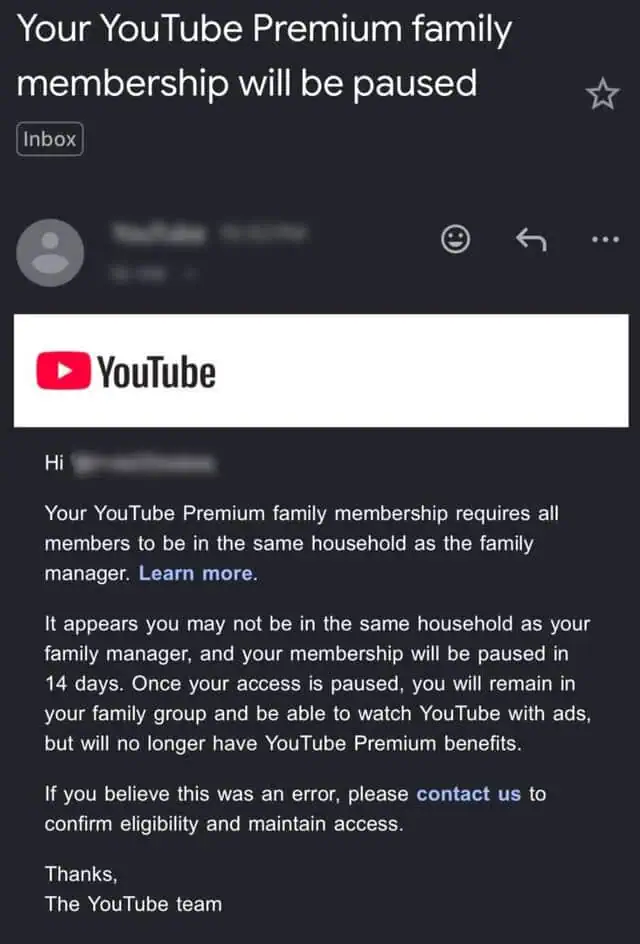 Email da YouTube che informa l'utente che la condivisione del Piano Famiglia di YouTube Premium verrà sospesa tra 14 giorni a causa dell'idoneità.
