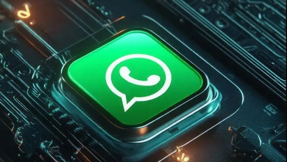 Un'icona luminosa di WhatsApp si staglia su uno sfondo digitale a circuito stampato, catturando perfettamente l'essenza di WhatsApp nel mondo tecnologico.