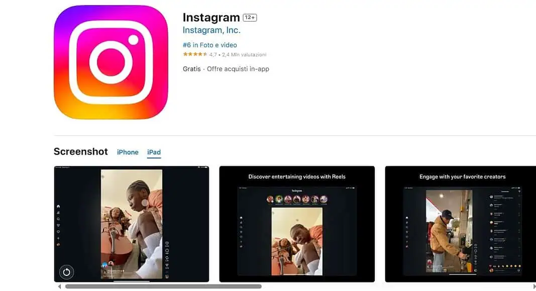 Pagina dell'applicazione Instagram sull'App Store con tre immagini di anteprima che mostrano persone che utilizzano Instagram su un tablet.