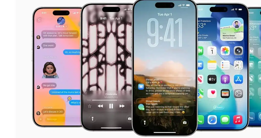 Cinque iPhone Apple visualizzano diverse app: Messaggi, Musica, Schermata di blocco, Schermata Home e Meteo.