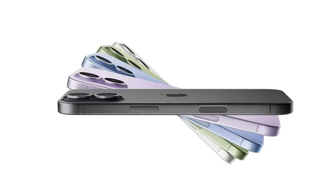 Sei iPhone di colori diversi si aprono a ventaglio dietro un iPhone nero, tutti mostrati lateralmente su uno sfondo bianco, che mette in evidenza il profilo elegante di ogni iPhone.