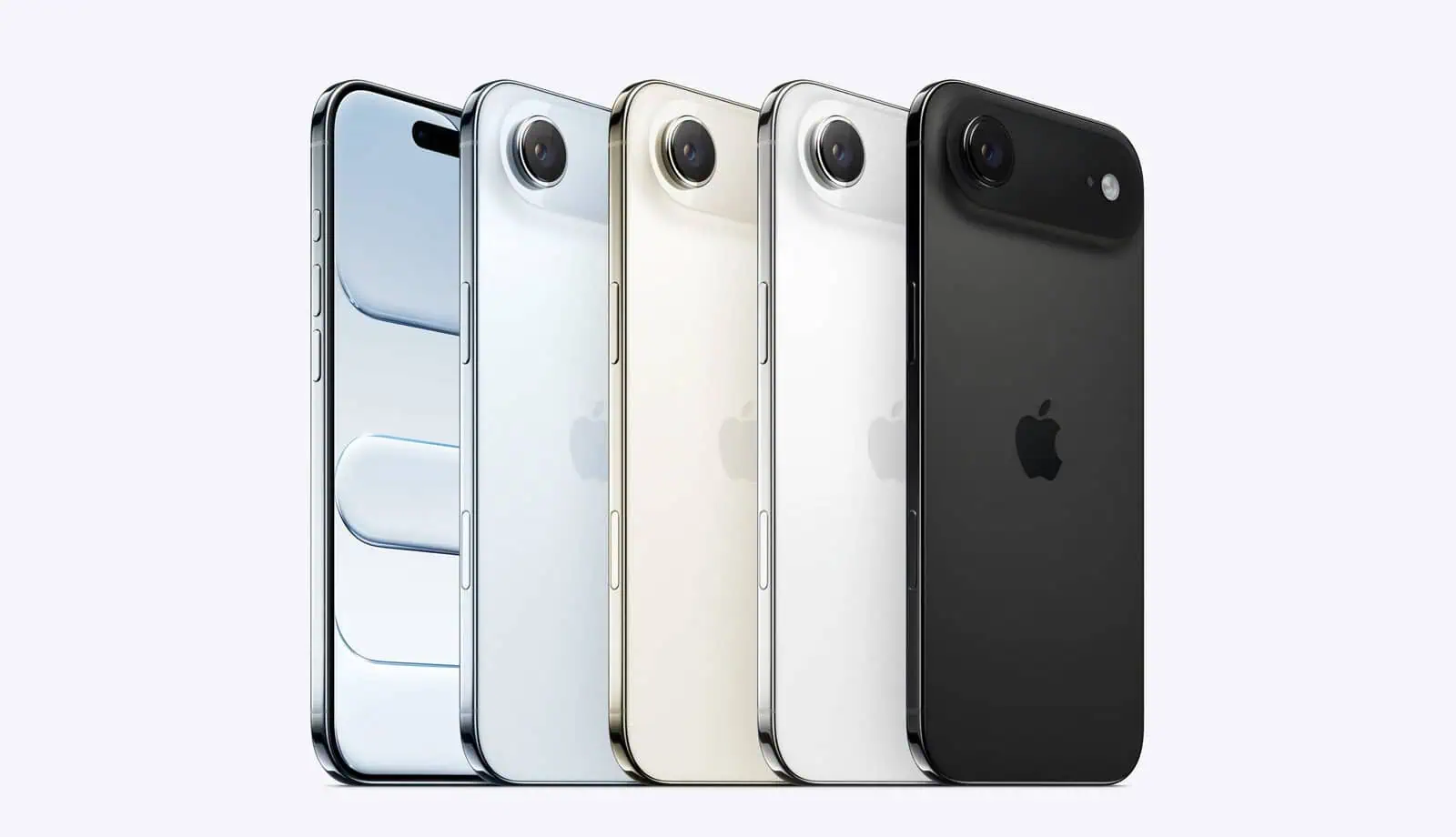 Quattro iPhone sono in piedi e mostrano il loro design anteriore e posteriore nei colori argento, oro, bianco e nero.