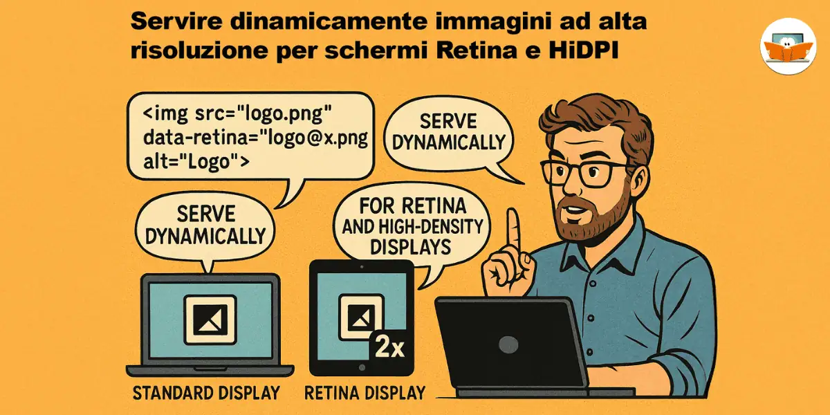Un uomo spiega come servire immagini 2x per la visualizzazione ad alta densità, illustrando il processo con codice JavaScript Retina e diagrammi dei dispositivi.