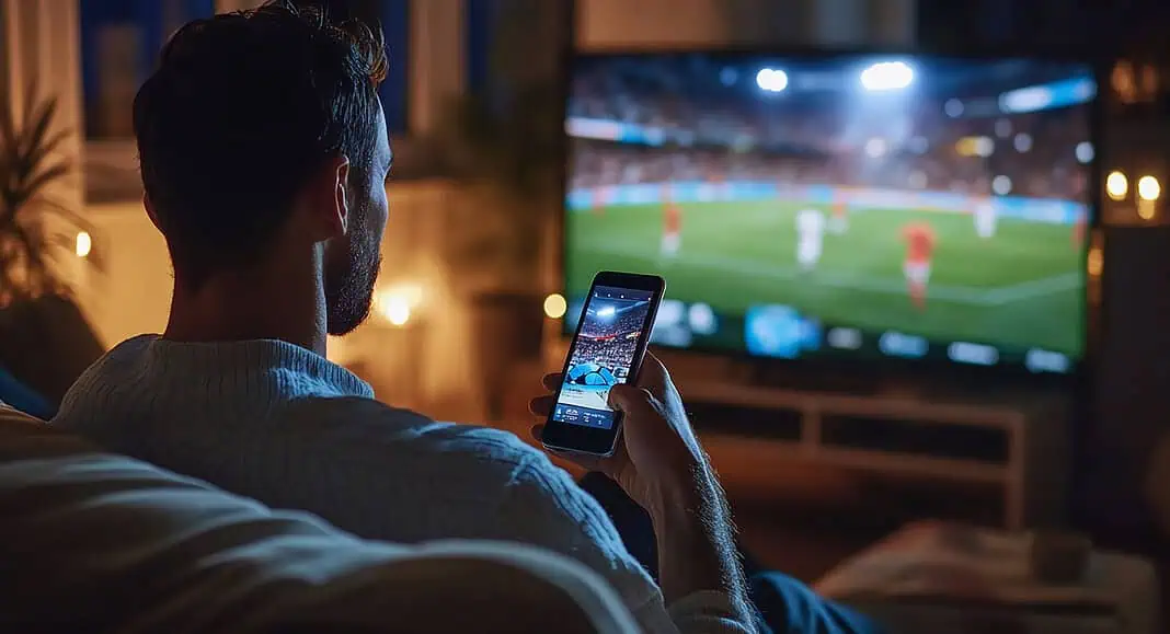 Un uomo siede su un divano in una stanza accogliente e poco illuminata, guardando una partita di calcio in TV mentre controlla il suo smartphone.