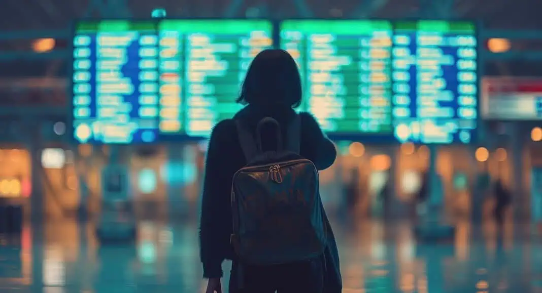 Una persona con zaino e valigia si trova in un aeroporto e guarda un grande tabellone digitale delle partenze temporaneamente vuoto a causa di un recente cyberattacco.