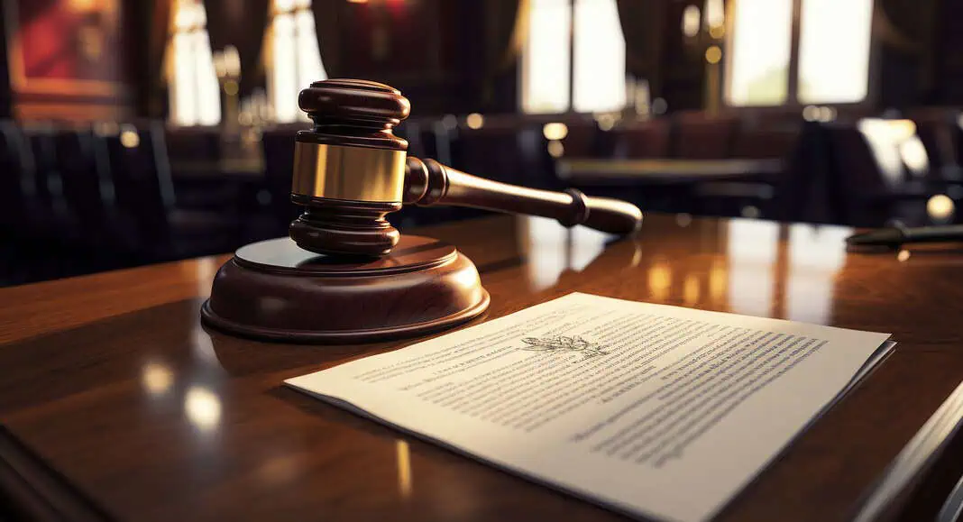 Il martelletto di un giudice e un documento legale poggiano su una scrivania di legno lucido in un'aula di tribunale scarsamente illuminata, che cattura la gravità della giustizia anche in un mondo plasmato da Google.