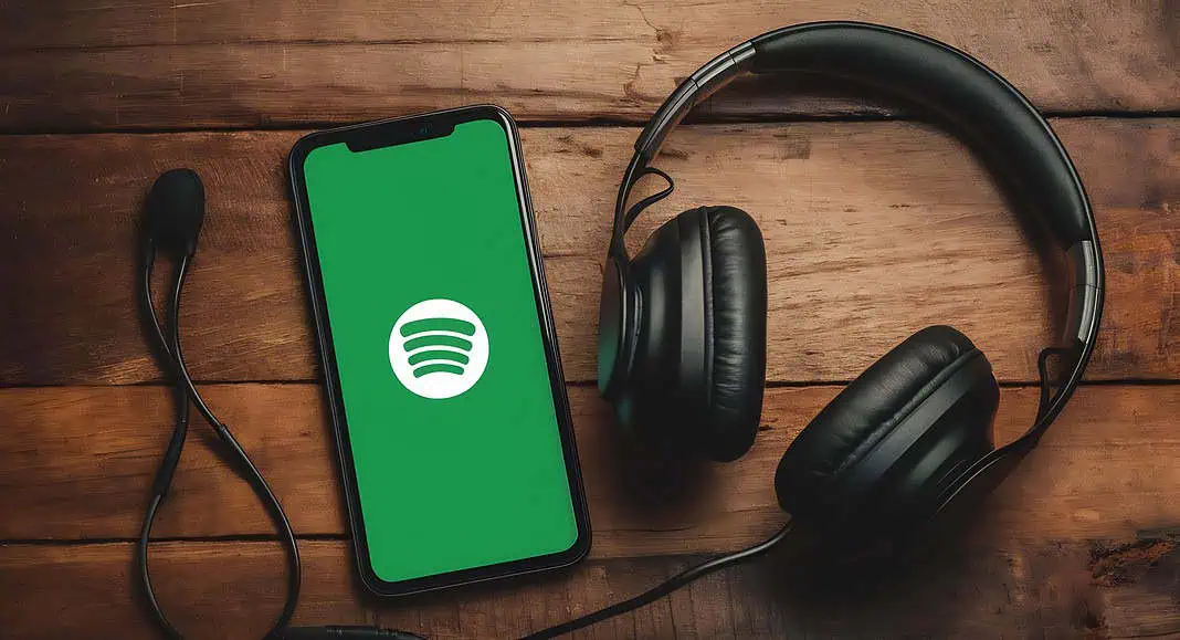 Uno smartphone con il logo di Spotify, cuffie nere e un microfono sono appoggiati su una superficie di legno.