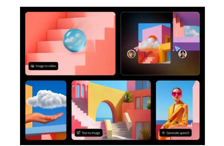 Collage di opere d'arte digitali colorate e surreali create con Adobe Firefly 2025, con scale, nuvole e una persona con abiti luminosi e occhiali da sole.