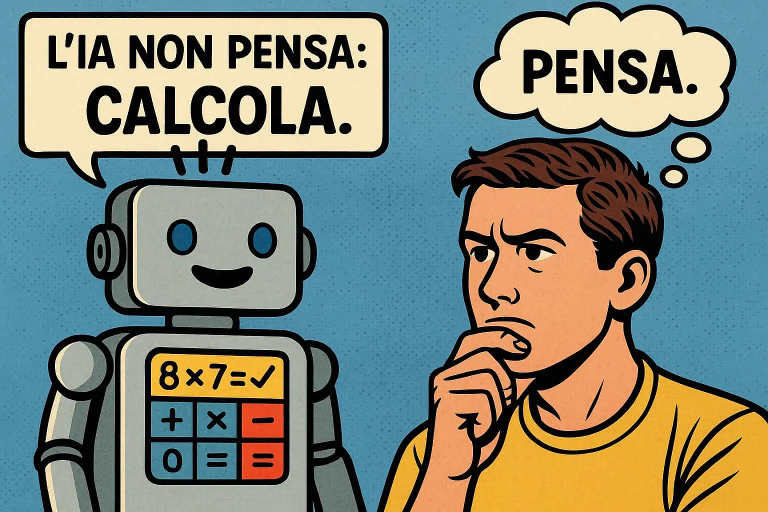 Un'illustrazione in stile fumetto mostra un robot che dice "L'IA non pensa: calcola." mentre un uomo pensa "Pensa.", evidenziando come funziona l'intelligenza artificiale rispetto al pensiero umano.