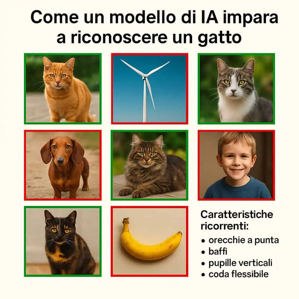 Griglia con immagini di gatti, oggetti e persone; i gatti hanno un bordo verde, gli altri rosso, per mostrare come funziona l'intelligenza artificiale nel riconoscere e distinguere le categorie.