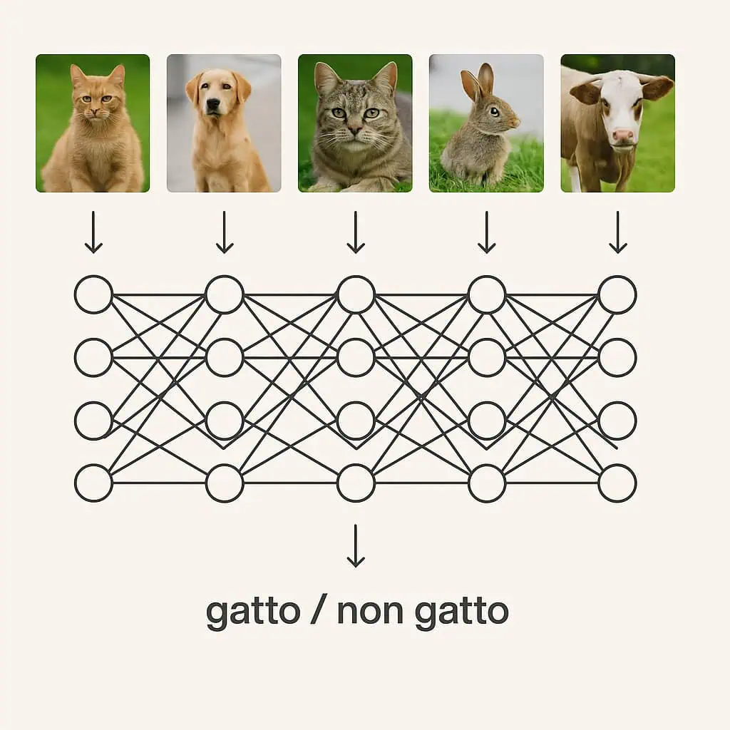 Il diagramma illustra come l'intelligenza artificiale riconosce gli animali (gatto, cane, coniglio, mucca) attraverso una rete neurale, classificandoli come "gatto / non gatto" in italiano. Un esempio di come funziona l'intelligenza artificiale.