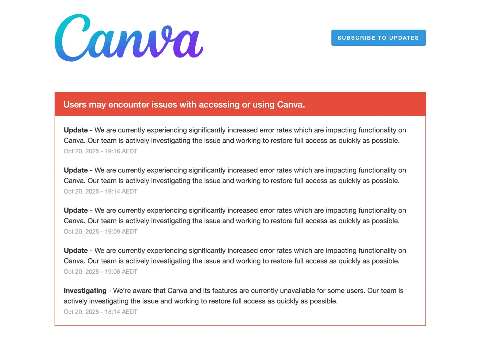Una pagina di stato di Canva che mostra aggiornamenti ripetuti su problemi di servizio significativi, indagini in corso e notifiche come "Canva non funziona" per gli utenti che subiscono interruzioni.