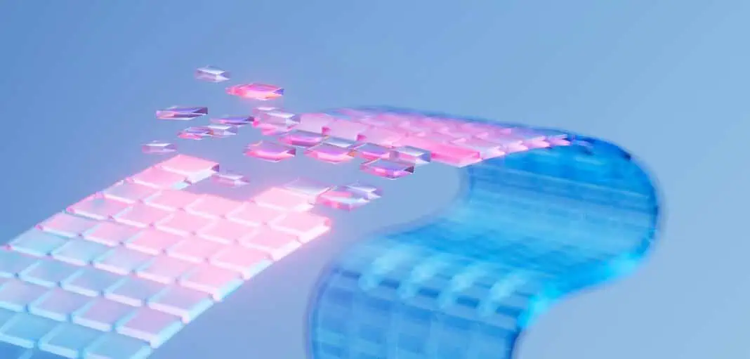 Forme astratte in 3D formano un nastro ondulato, accentuato da piastrelle quadrate rosa e blu incandescenti su uno sfondo azzurro: un design vibrante ispirato allo spirito innovativo di Google CodeMender.