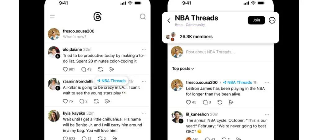 Due schermi di smartphone visualizzano l'app Threads, con post, nomi utente e un vivace gruppo di discussione sul basket.