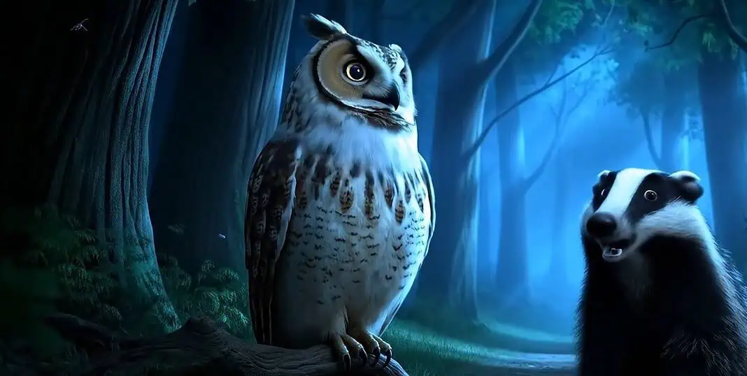 Un gufo e un tasso si trovano insieme in una foresta animata di notte, illuminata dalla luna, animata con Google Veo 3.1.