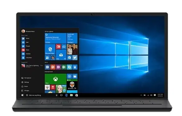 Un computer portatile che visualizza il menu di avvio e il desktop di Windows 10 con lo sfondo del logo Windows 10 blu.