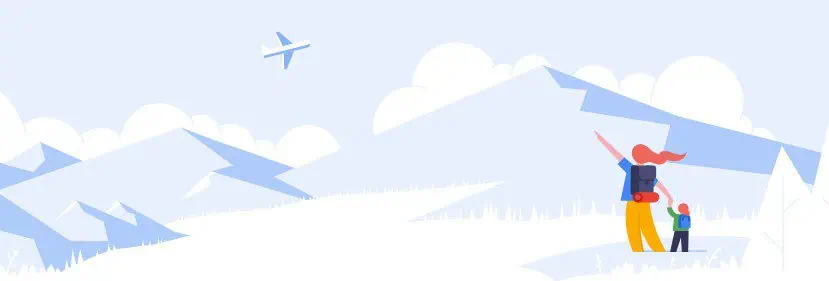 Un adulto e un bambino con lo zaino in spalla guardano le montagne mentre un aereo vola nel cielo sopra di loro, catturando un momento perfetto per un ricordo su Google.