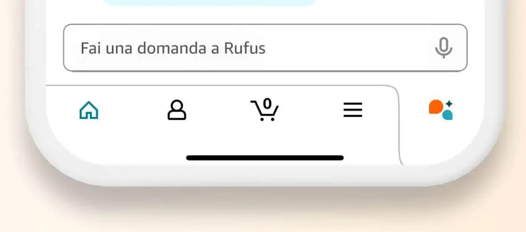 La parte inferiore di uno schermo mobile mostra una barra di ricerca in stile Amazon in italiano e le icone di navigazione per home, profilo, carrello e menu.