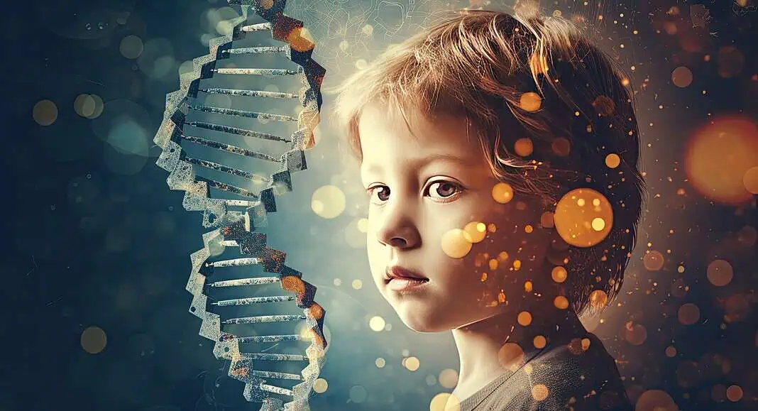 Un bambino accanto a un filamento di DNA incandescente, illuminato da effetti astratti di luce arancione e blu, simboleggia il potere della medicina preventiva e della genetica nel garantire un futuro più sano.