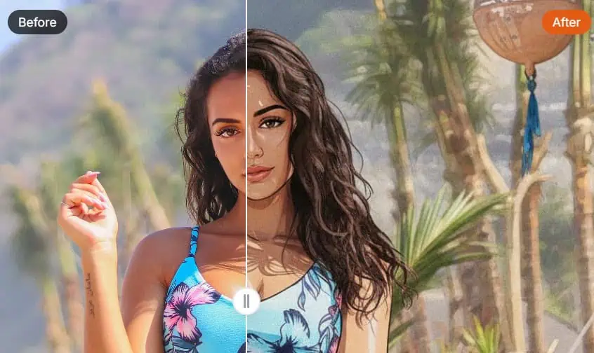 Immagine divisa che mostra una donna in costume da bagno; il lato sinistro è una foto, il lato destro è una versione cartoon con accenti giocosi di Nano Banana.