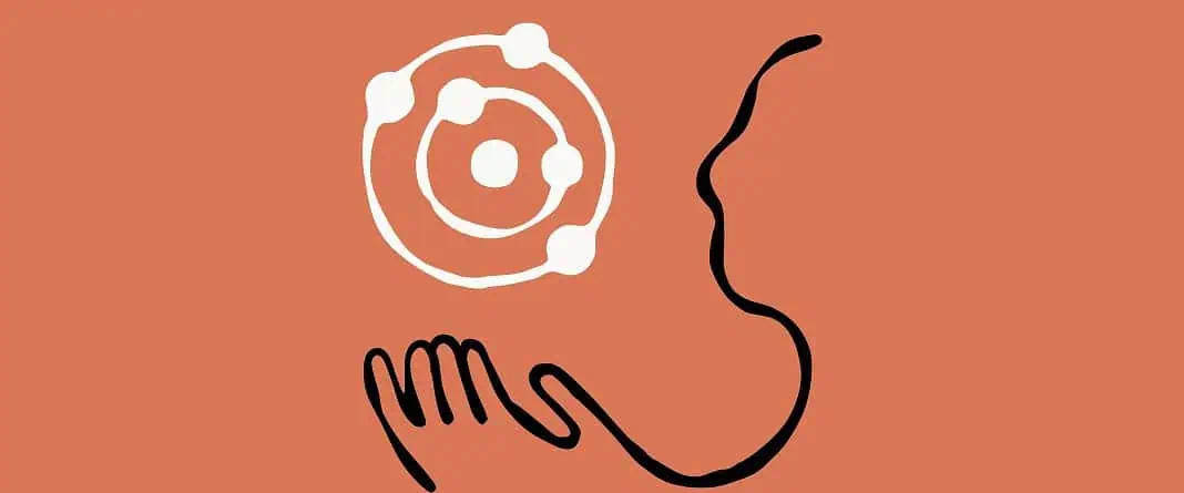 Disegno astratto di una mano e della sagoma di un volto che si protende verso il simbolo di un atomo bianco su sfondo arancione, creato con Opus 4.5 per una chiarezza e un dettaglio sorprendenti.